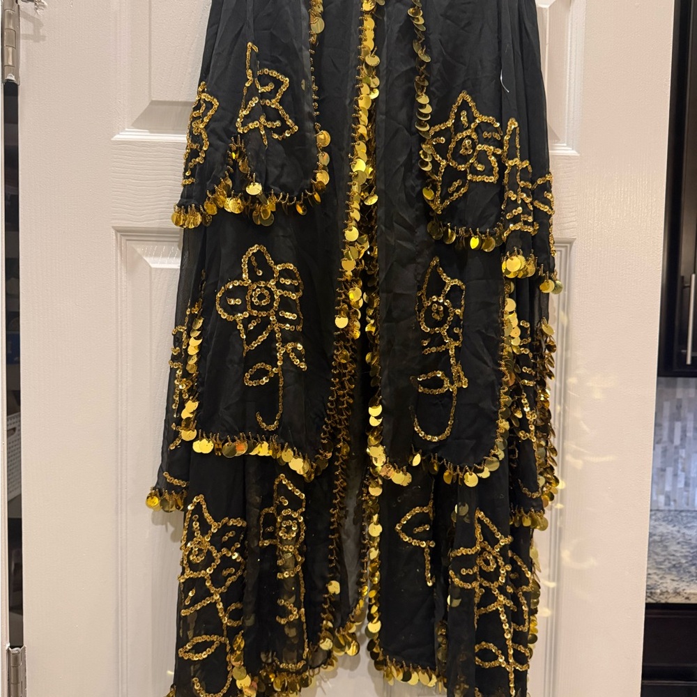 Belly Dancer Black High-Low Skirt with Gold Sequin Trim and Beading